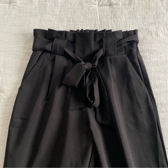 Black Paper Bag High Waist Tie Trouser Pants Straight Leg Work Casual Small - Picture 2 of 8